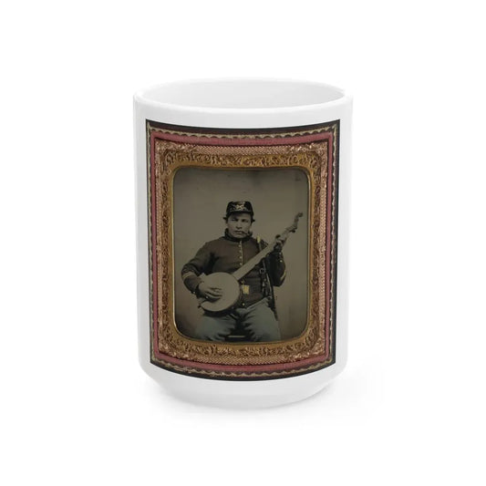 Unidentified Soldier In Union Cavalry Uniform With Banjo, Sword, And Pipe (U.S. Civil War) White Coffee Mug 15oz - Go Mug Yourself