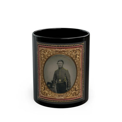 Unidentified Soldier In Union Cavalry Uniform With Cavalry Saber Next To Table With Cavalry Company D Hardee Hat (U.S. Civil War) Black Coffee Mug-11oz-Go Mug Yourself