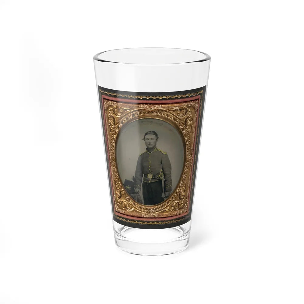 Unidentified Soldier In Union Cavalry Uniform With Cavalry Saber Next To Table With Cavalry Company D Hardee Hat (U.S. Civil War) Pint Glass 16oz-16oz-Go Mug Yourself