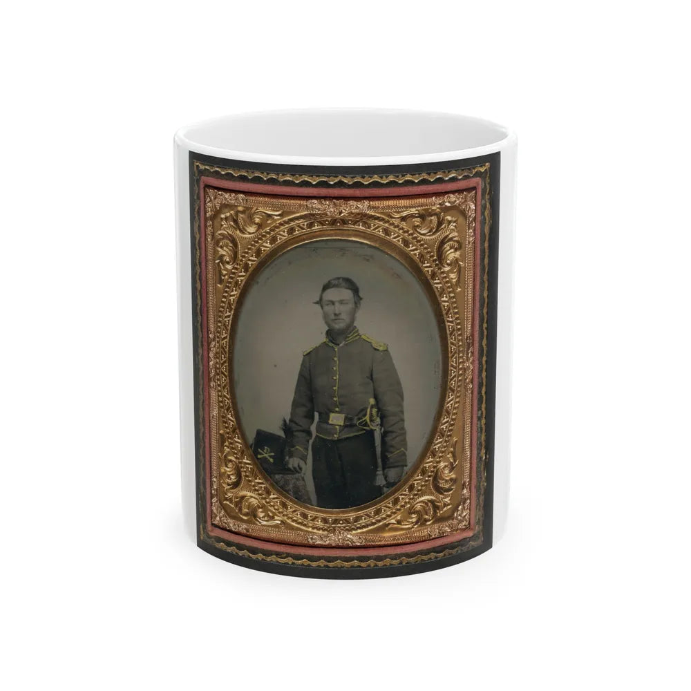 Unidentified Soldier In Union Cavalry Uniform With Cavalry Saber Next To Table With Cavalry Company D Hardee Hat (U.S. Civil War) White Coffee Mug-11oz-Go Mug Yourself