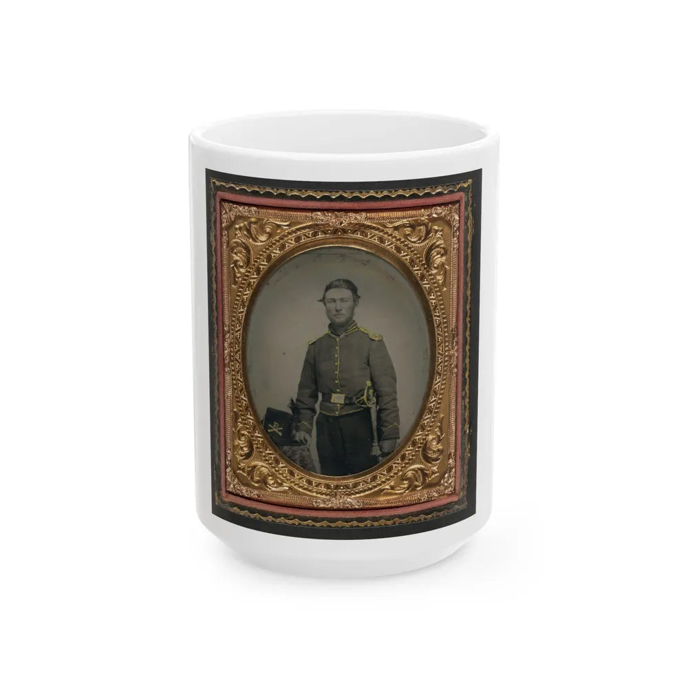 Unidentified Soldier In Union Cavalry Uniform With Cavalry Saber Next To Table With Cavalry Company D Hardee Hat (U.S. Civil War) White Coffee Mug-15oz-Go Mug Yourself