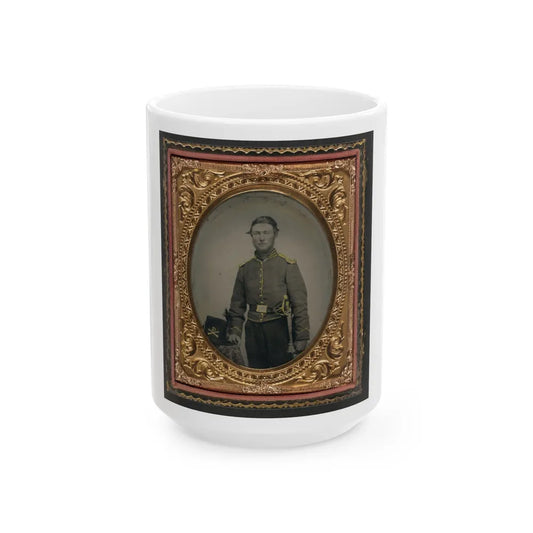 Unidentified Soldier In Union Cavalry Uniform With Cavalry Saber Next To Table With Cavalry Company D Hardee Hat (U.S. Civil War) White Coffee Mug-15oz-Go Mug Yourself