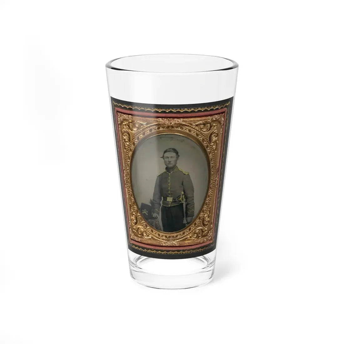 Unidentified Soldier In Union Cavalry Uniform With Cavalry Saber Next To Table With Cavalry Company D Hardee Hat (U.S. Civil War) Pint Glass 16oz 16oz - Go Mug Yourself
