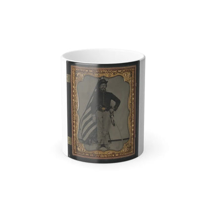 Unidentified Soldier in Union Cavalry Uniform With Colt Dragoon Revolver and Sword in Front of American Flag (U.S. Civil War) Color Changing Coffee Mug 11oz-11oz-Go Mug Yourself