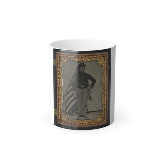 Unidentified Soldier in Union Cavalry Uniform With Colt Dragoon Revolver and Sword in Front of American Flag (U.S. Civil War) Color Changing Coffee Mug 11oz-11oz-Go Mug Yourself