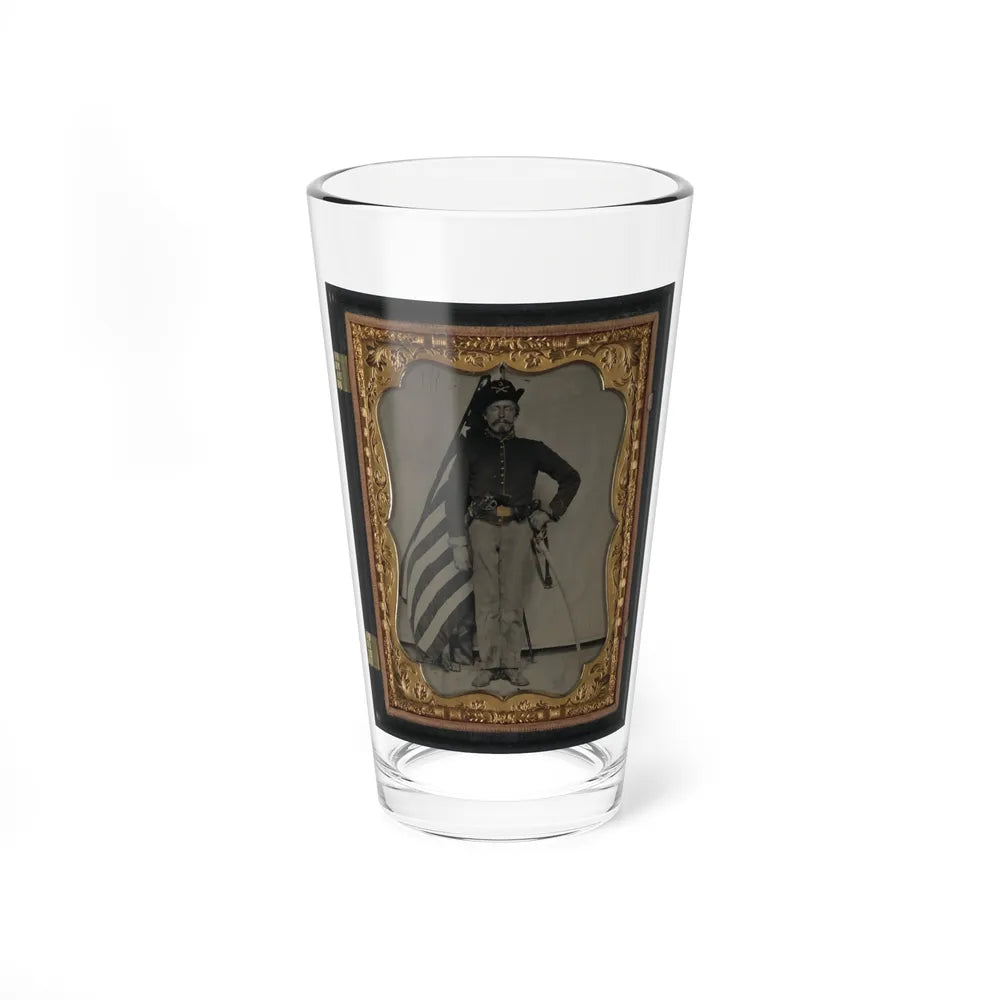 Unidentified Soldier In Union Cavalry Uniform With Colt Dragoon Revolver And Sword In Front Of American Flag (U.S. Civil War) Pint Glass 16oz-16oz-Go Mug Yourself