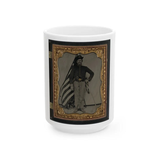 Unidentified Soldier In Union Cavalry Uniform With Colt Dragoon Revolver And Sword In Front Of American Flag (U.S. Civil War) White Coffee Mug-15oz-Go Mug Yourself