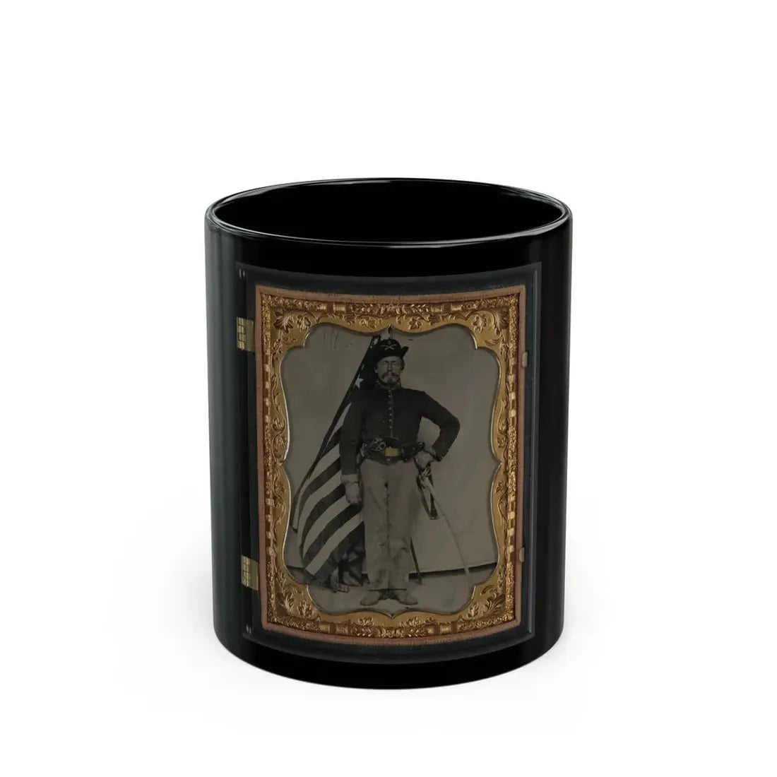 Unidentified Soldier In Union Cavalry Uniform With Colt Dragoon Revolver And Sword In Front Of American Flag (U.S. Civil War) Black Coffee Mug 11oz - Go Mug Yourself