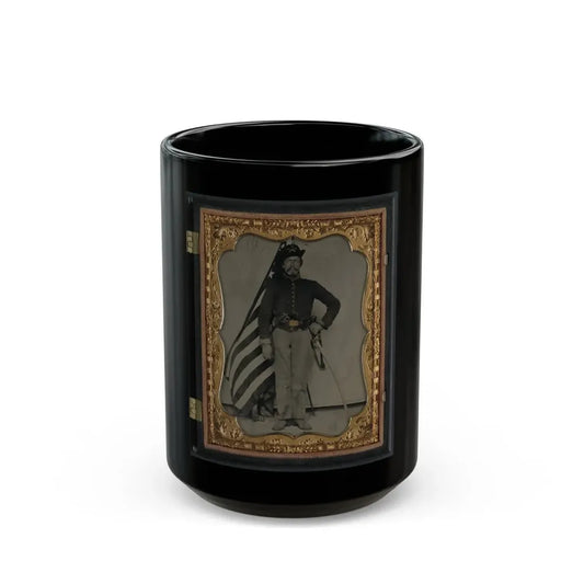 Unidentified Soldier In Union Cavalry Uniform With Colt Dragoon Revolver And Sword In Front Of American Flag (U.S. Civil War) Black Coffee Mug 15oz - Go Mug Yourself