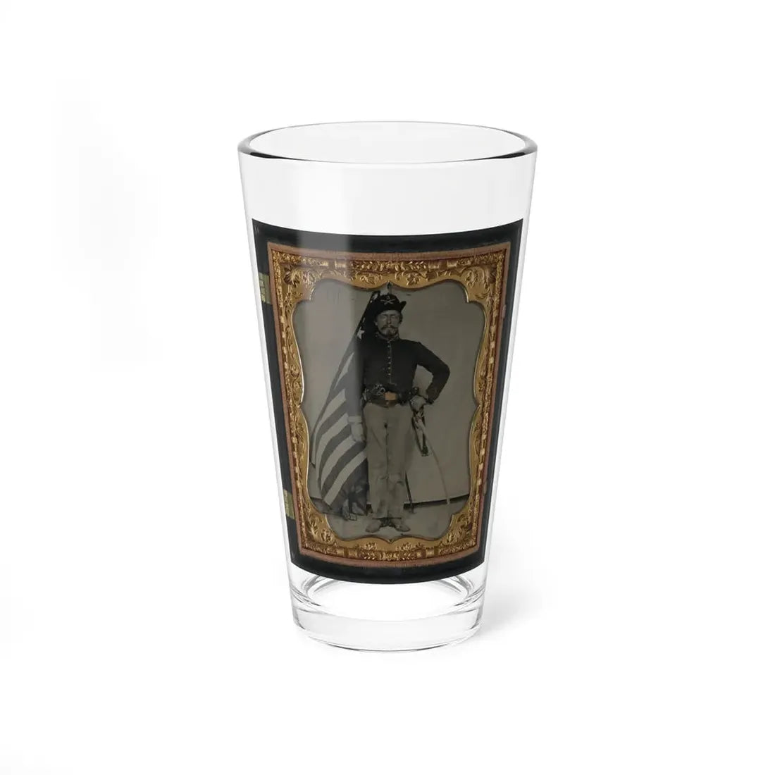 Unidentified Soldier In Union Cavalry Uniform With Colt Dragoon Revolver And Sword In Front Of American Flag (U.S. Civil War) Pint Glass 16oz 16oz - Go Mug Yourself