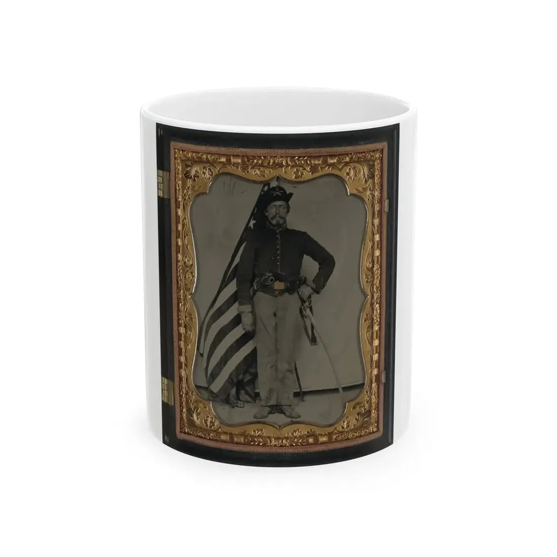 Unidentified Soldier In Union Cavalry Uniform With Colt Dragoon Revolver And Sword In Front Of American Flag (U.S. Civil War) White Coffee Mug 11oz - Go Mug Yourself
