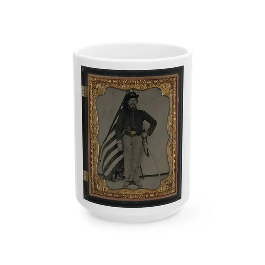 Unidentified Soldier In Union Cavalry Uniform With Colt Dragoon Revolver And Sword In Front Of American Flag (U.S. Civil War) White Coffee Mug 15oz - Go Mug Yourself