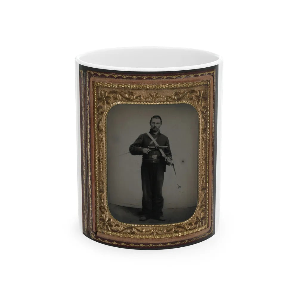 Unidentified Soldier In Union Cavalry Uniform With Colt Dragoon Revolver And Sword (U.S. Civil War) White Coffee Mug-11oz-Go Mug Yourself