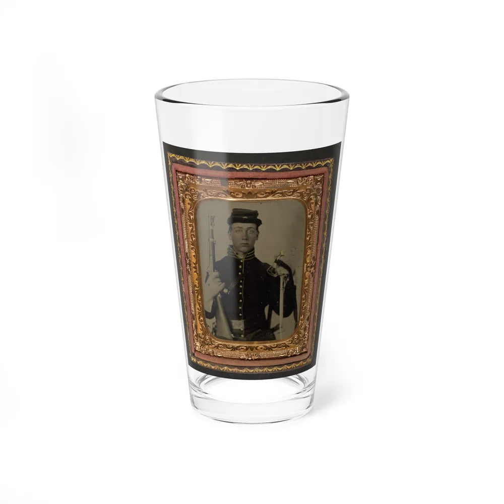 Unidentified Soldier In Union Cavalry Uniform With Percussion Cap Pistol Carbine, Attached Stock, And Cavalry Saber (U.S. Civil War) Pint Glass 16oz-16oz-Go Mug Yourself