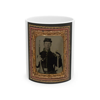 Unidentified Soldier In Union Cavalry Uniform With Percussion Cap Pistol Carbine, Attached Stock, And Cavalry Saber (U.S. Civil War) White Coffee Mug-11oz-Go Mug Yourself