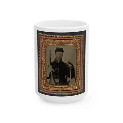 Unidentified Soldier In Union Cavalry Uniform With Percussion Cap Pistol Carbine, Attached Stock, And Cavalry Saber (U.S. Civil War) White Coffee Mug-15oz-Go Mug Yourself