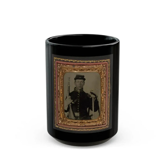 Unidentified Soldier In Union Cavalry Uniform With Percussion Cap Pistol Carbine, Attached Stock, And Cavalry Saber (U.S. Civil War) Black Coffee Mug 15oz - Go Mug Yourself
