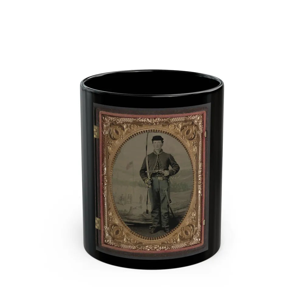 Unidentified Soldier In Union Cavalry Uniform With Sword And Pistol In Front Of Painted Backdrop Tree Stump And Military Camp (U.S. Civil War) Black Coffee Mug-11oz-Go Mug Yourself