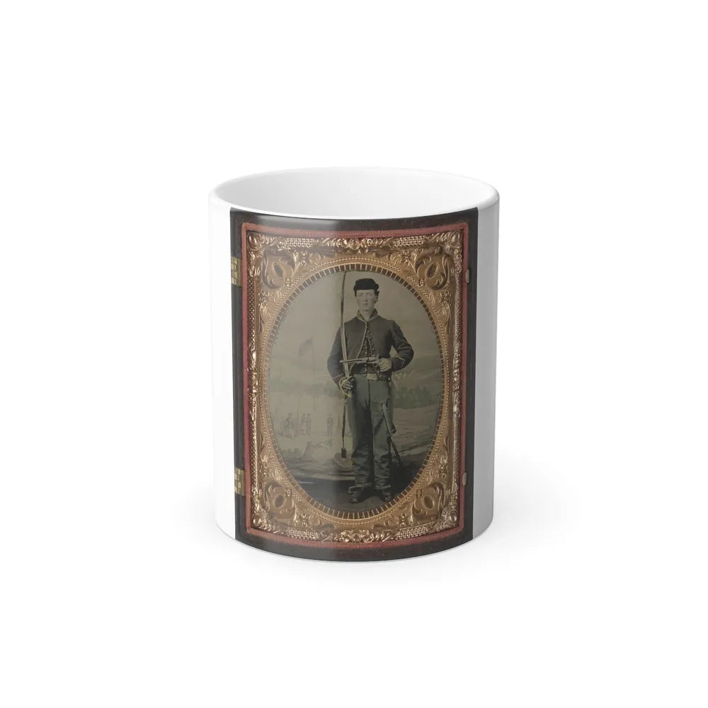 Unidentified Soldier in Union Cavalry Uniform With Sword and Pistol in Front of Painted Backdrop Tree Stump and Military Camp (U.S. Civil War) Color Changing Coffee Mug 11oz-11oz-Go Mug Yourself