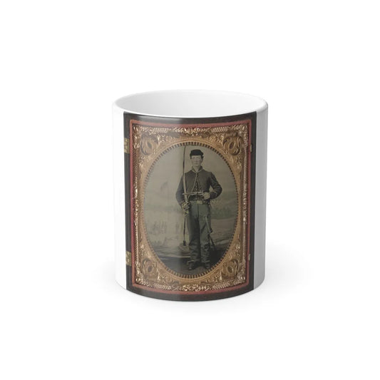 Unidentified Soldier in Union Cavalry Uniform With Sword and Pistol in Front of Painted Backdrop Tree Stump and Military Camp (U.S. Civil War) Color Changing Coffee Mug 11oz-11oz-Go Mug Yourself