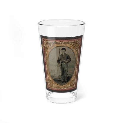 Unidentified Soldier In Union Cavalry Uniform With Sword And Pistol In Front Of Painted Backdrop Tree Stump And Military Camp (U.S. Civil War) Pint Glass 16oz-16oz-Go Mug Yourself