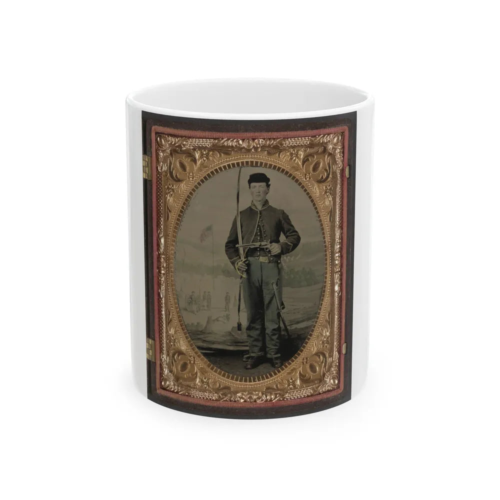 Unidentified Soldier In Union Cavalry Uniform With Sword And Pistol In Front Of Painted Backdrop Tree Stump And Military Camp (U.S. Civil War) White Coffee Mug-11oz-Go Mug Yourself