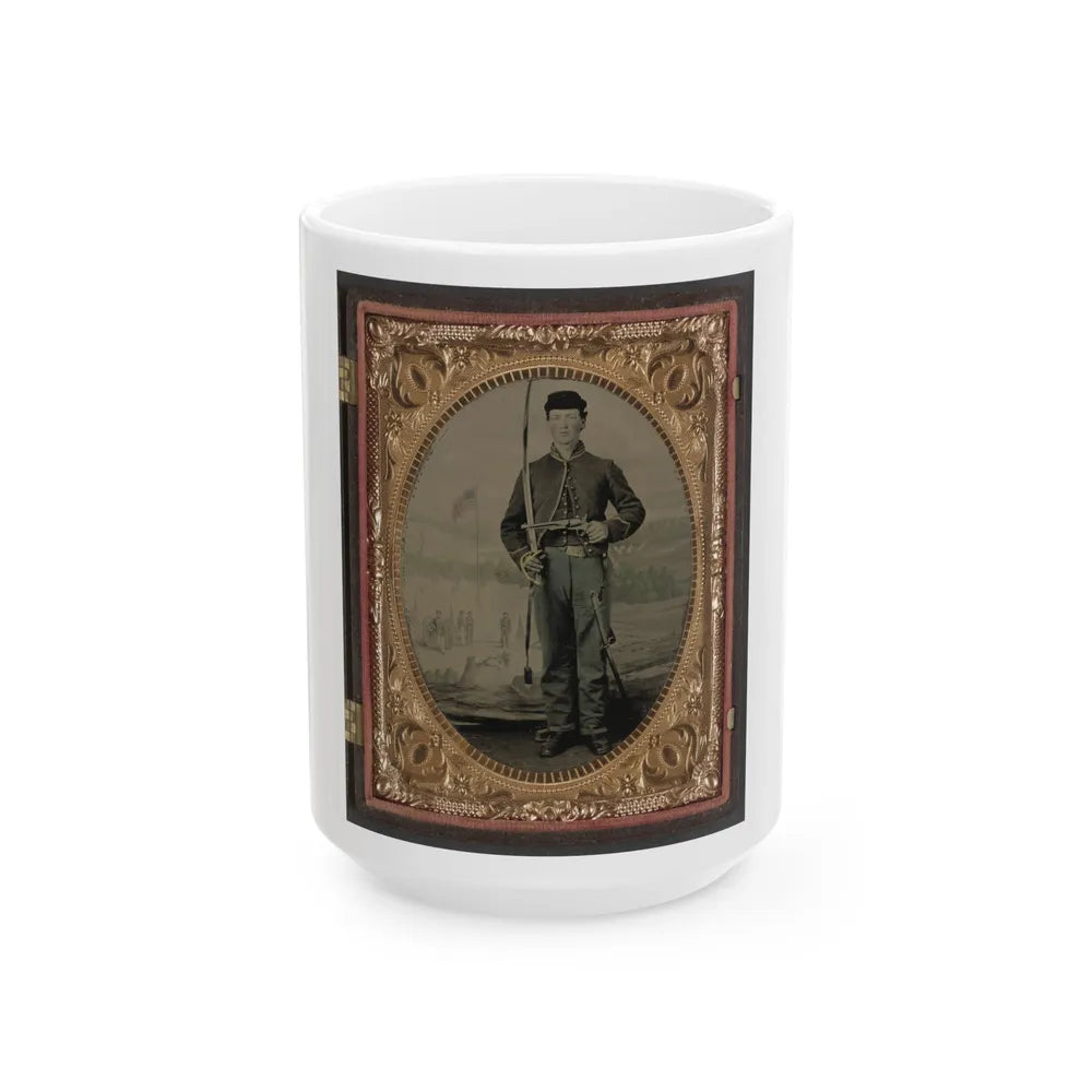 Unidentified Soldier In Union Cavalry Uniform With Sword And Pistol In Front Of Painted Backdrop Tree Stump And Military Camp (U.S. Civil War) White Coffee Mug-15oz-Go Mug Yourself