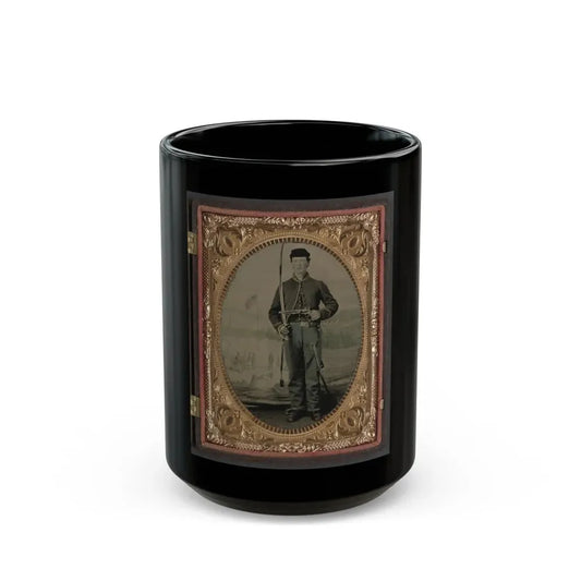 Unidentified Soldier In Union Cavalry Uniform With Sword And Pistol In Front Of Painted Backdrop Tree Stump And Military Camp (U.S. Civil War) Black Coffee Mug 15oz - Go Mug Yourself