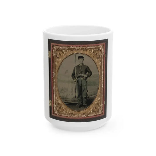 Unidentified Soldier In Union Cavalry Uniform With Sword And Pistol In Front Of Painted Backdrop Tree Stump And Military Camp (U.S. Civil War) White Coffee Mug 15oz - Go Mug Yourself