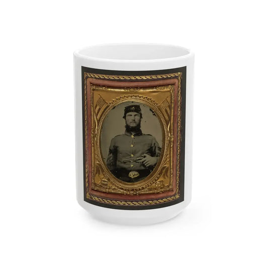Unidentified Soldier In Union Corporal's Uniform Holding Revolver To Chest (U.S. Civil War) White Coffee Mug 15oz - Go Mug Yourself