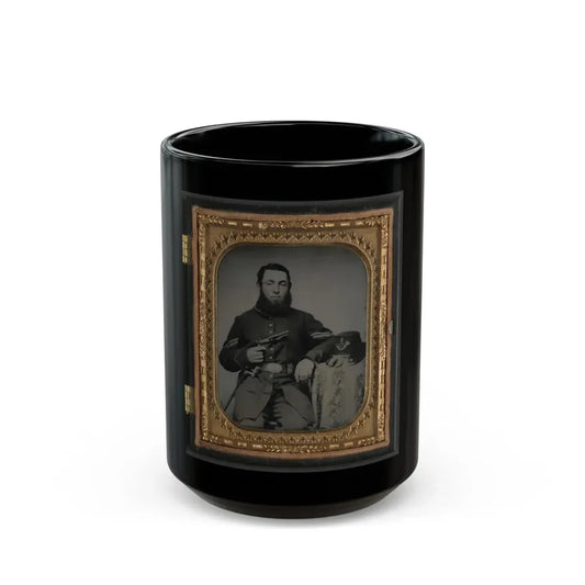 Unidentified Soldier In Union Corporal's Uniform With Revolver, Bayonet, And Hat Havelock Combination (U.S. Civil War) Black Coffee Mug 15oz - Go Mug Yourself