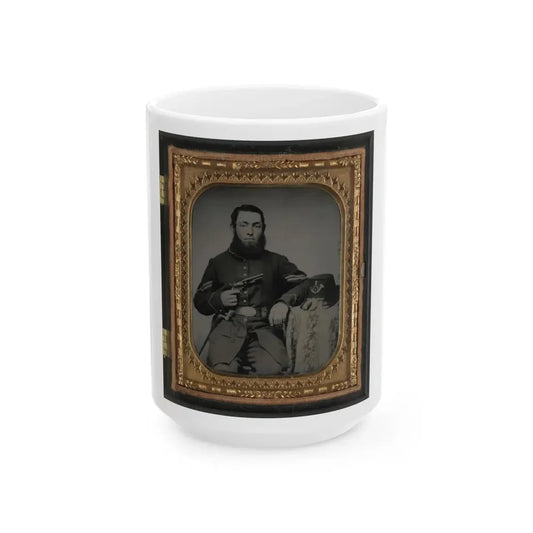 Unidentified Soldier In Union Corporal's Uniform With Revolver, Bayonet, And Hat Havelock Combination (U.S. Civil War) White Coffee Mug 15oz - Go Mug Yourself