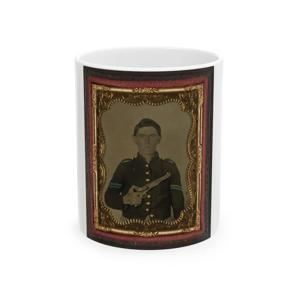 Unidentified Soldier In Union Corporal's Uniform Holding Colt Revolver To Chest (U.S. Civil War) White Coffee Mug-11oz-Go Mug Yourself