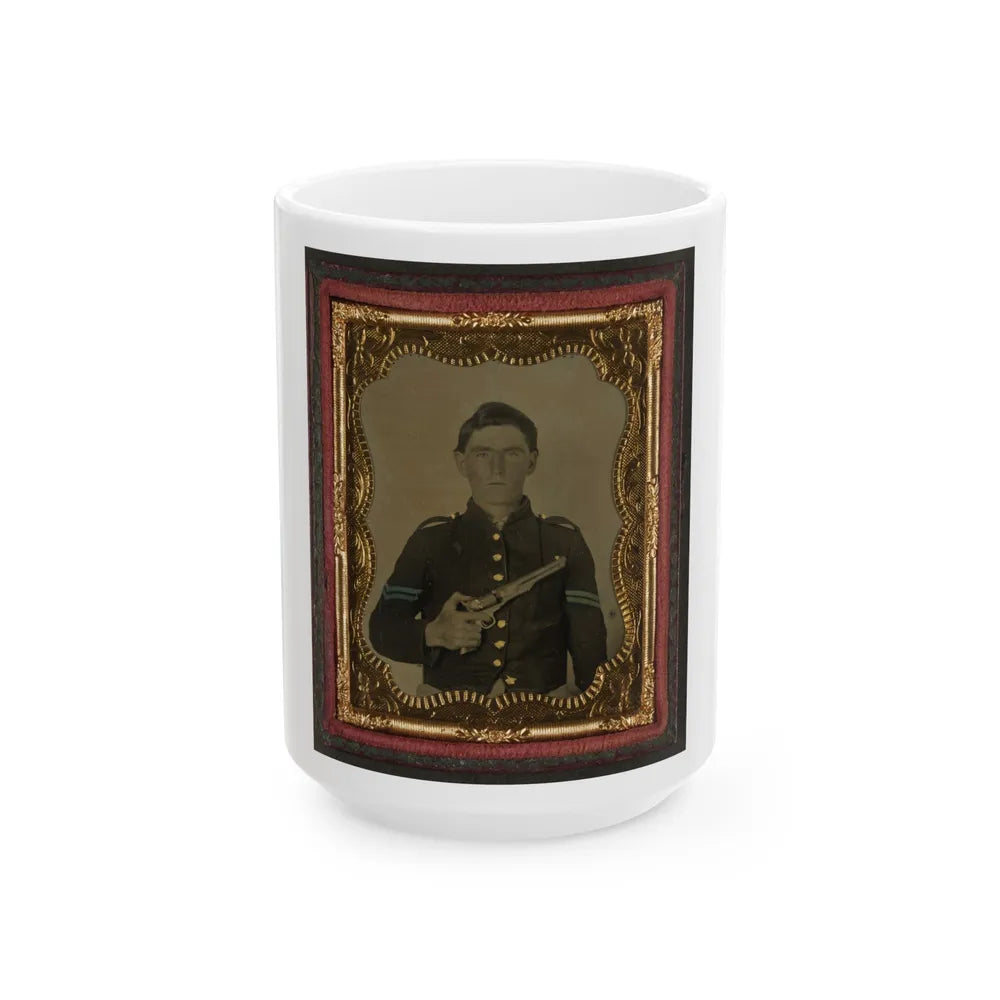 Unidentified Soldier In Union Corporal's Uniform Holding Colt Revolver To Chest (U.S. Civil War) White Coffee Mug-15oz-Go Mug Yourself