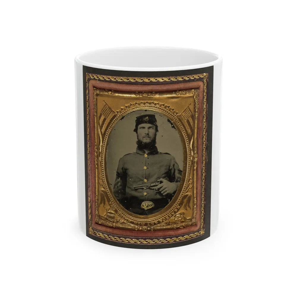 Unidentified Soldier In Union Corporal's Uniform Holding Revolver To Chest (U.S. Civil War) White Coffee Mug-11oz-Go Mug Yourself