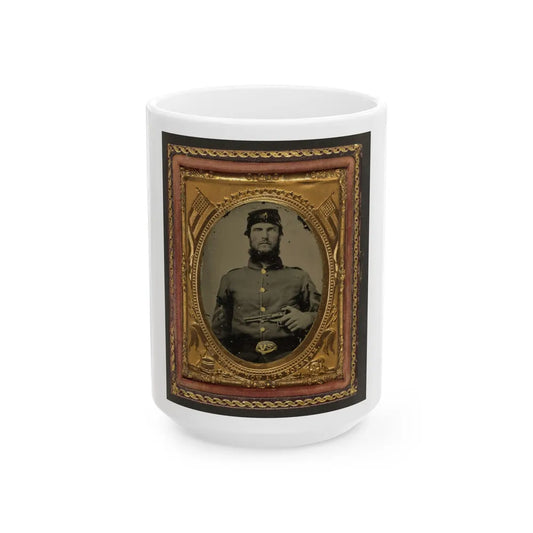 Unidentified Soldier In Union Corporal's Uniform Holding Revolver To Chest (U.S. Civil War) White Coffee Mug-15oz-Go Mug Yourself