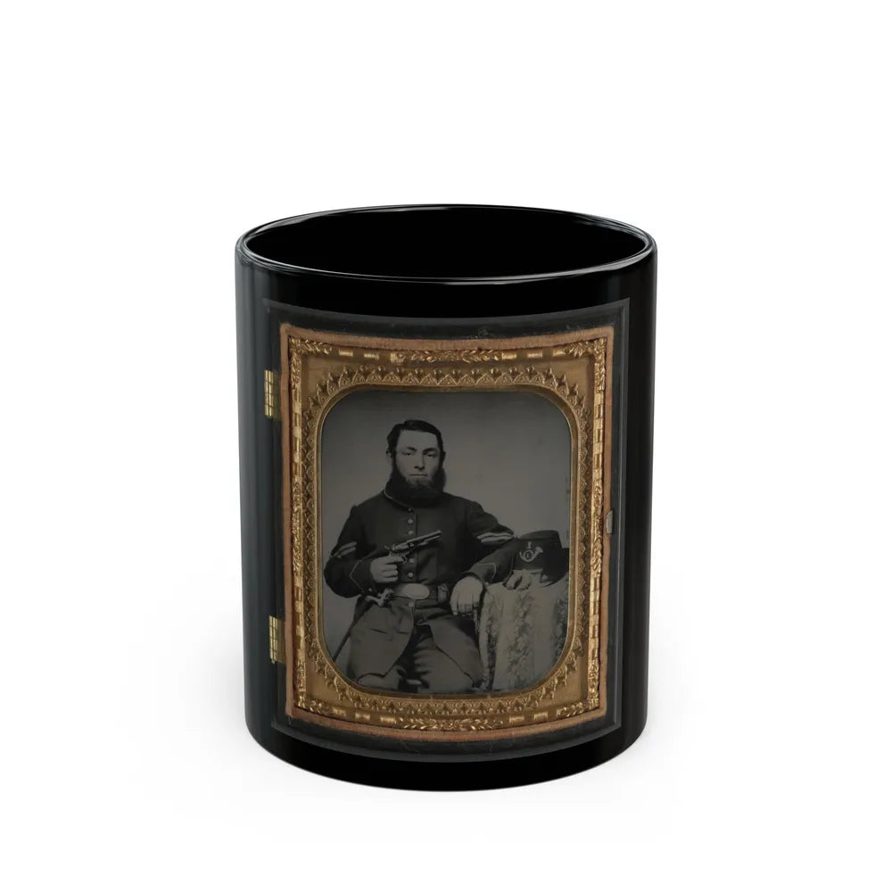 Unidentified Soldier In Union Corporal's Uniform With Revolver, Bayonet, And Hat Havelock Combination (U.S. Civil War) Black Coffee Mug-11oz-Go Mug Yourself