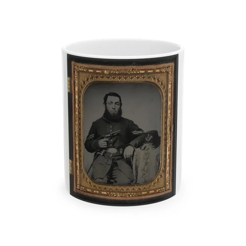 Unidentified Soldier In Union Corporal's Uniform With Revolver, Bayonet, And Hat Havelock Combination (U.S. Civil War) White Coffee Mug-11oz-Go Mug Yourself