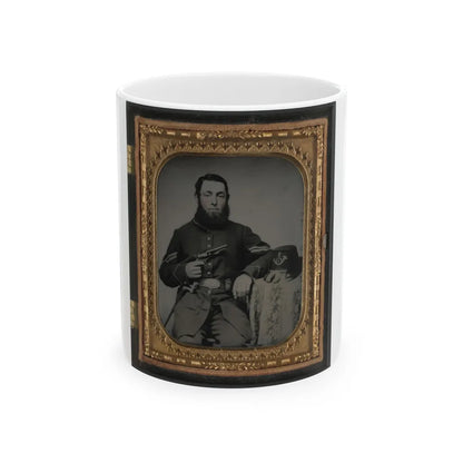 Unidentified Soldier In Union Corporal's Uniform With Revolver, Bayonet, And Hat Havelock Combination (U.S. Civil War) White Coffee Mug-11oz-Go Mug Yourself