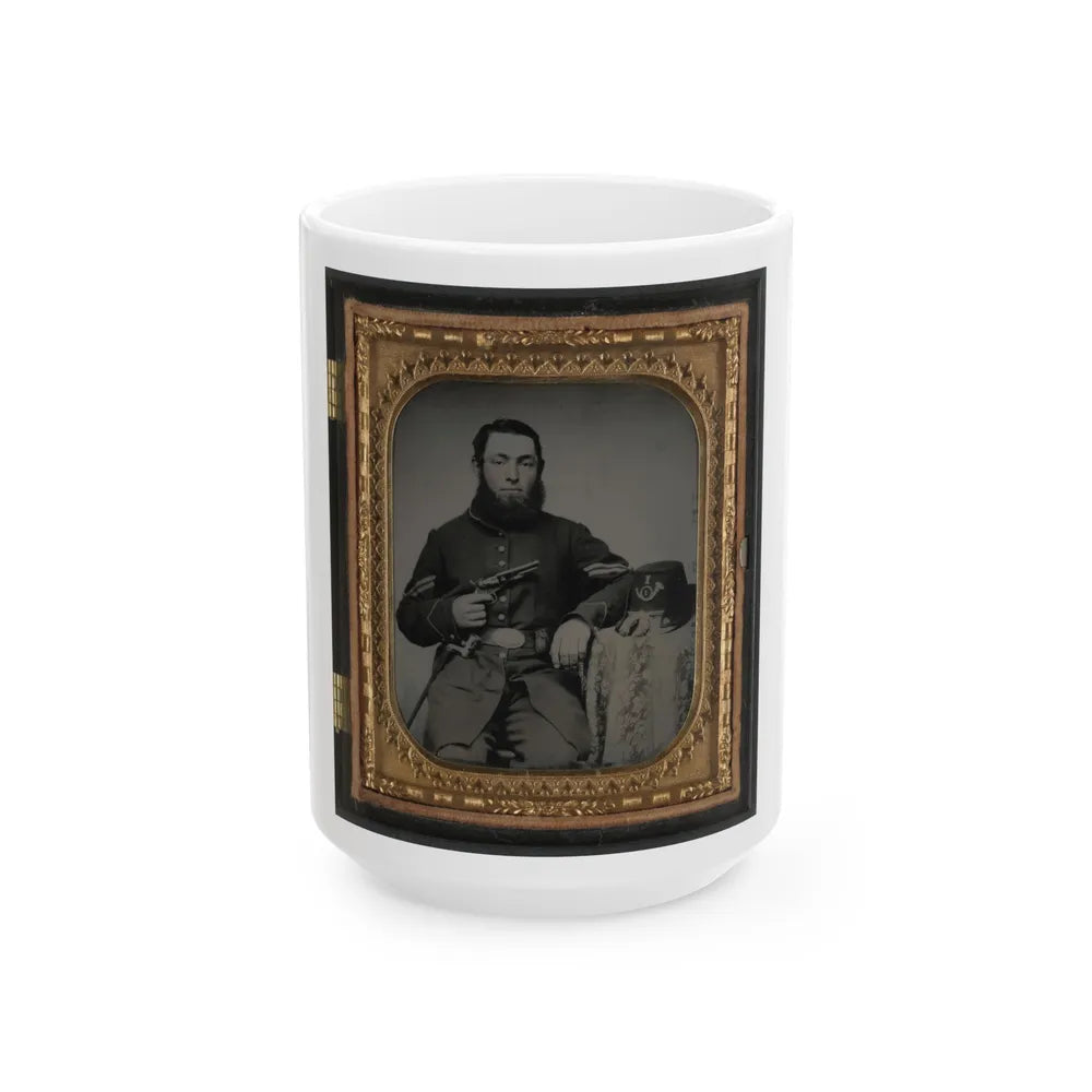 Unidentified Soldier In Union Corporal's Uniform With Revolver, Bayonet, And Hat Havelock Combination (U.S. Civil War) White Coffee Mug-15oz-Go Mug Yourself