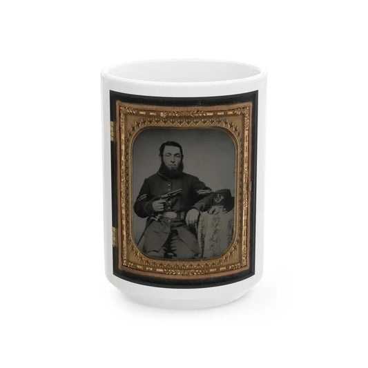 Unidentified Soldier In Union Corporal's Uniform With Revolver, Bayonet, And Hat Havelock Combination (U.S. Civil War) White Coffee Mug-15oz-Go Mug Yourself