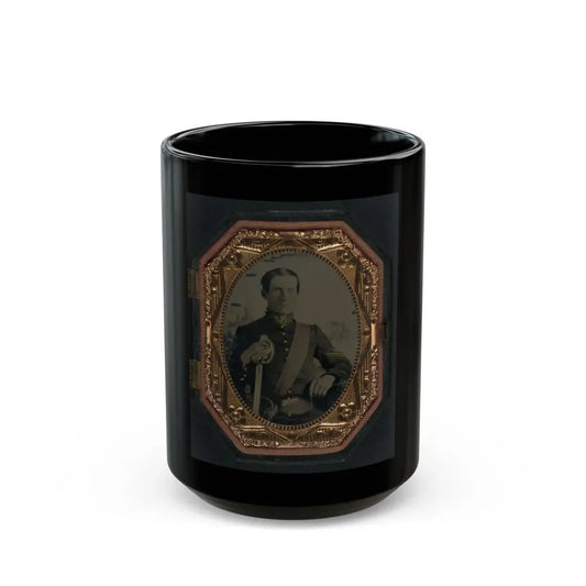 Unidentified Soldier In Union First Sergeant's Uniform With Cavalry Saber In Front Of Painted Backdrop Showing Landscape (U.S. Civil War) Black Coffee Mug 15oz - Go Mug Yourself