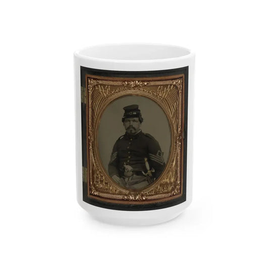 Unidentified Soldier In Union First Sergeant's Uniform With Militia Sword And Revolver (U.S. Civil War) White Coffee Mug 15oz - Go Mug Yourself