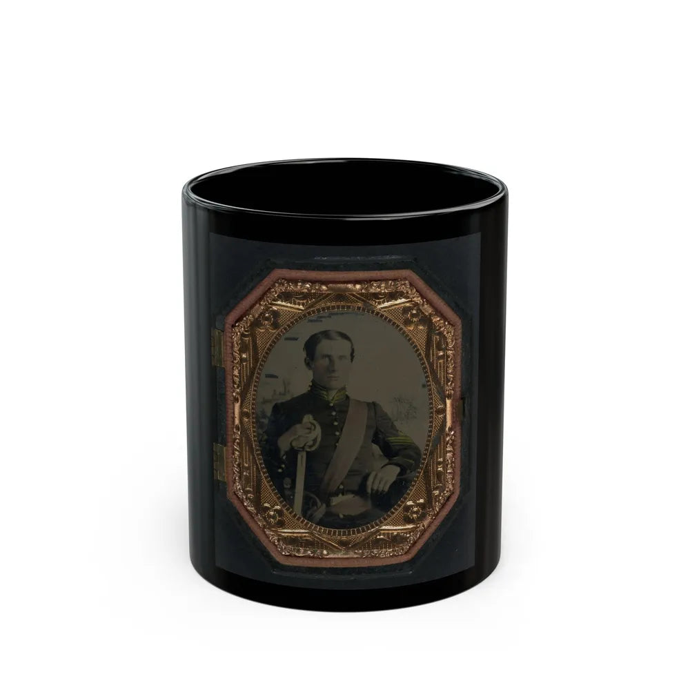 Unidentified Soldier In Union First Sergeant's Uniform With Cavalry Saber In Front Of Painted Backdrop Showing Landscape (U.S. Civil War) Black Coffee Mug-11oz-Go Mug Yourself