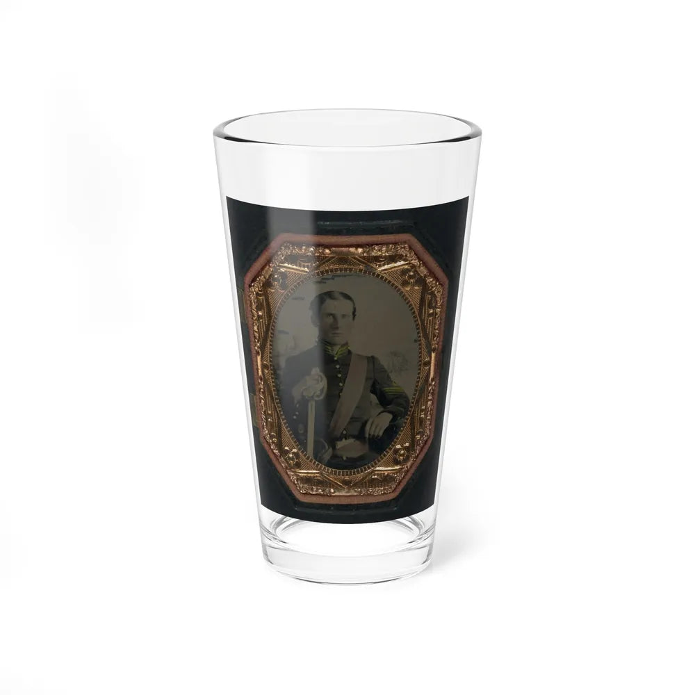 Unidentified Soldier In Union First Sergeant's Uniform With Cavalry Saber In Front Of Painted Backdrop Showing Landscape (U.S. Civil War) Pint Glass 16oz-16oz-Go Mug Yourself