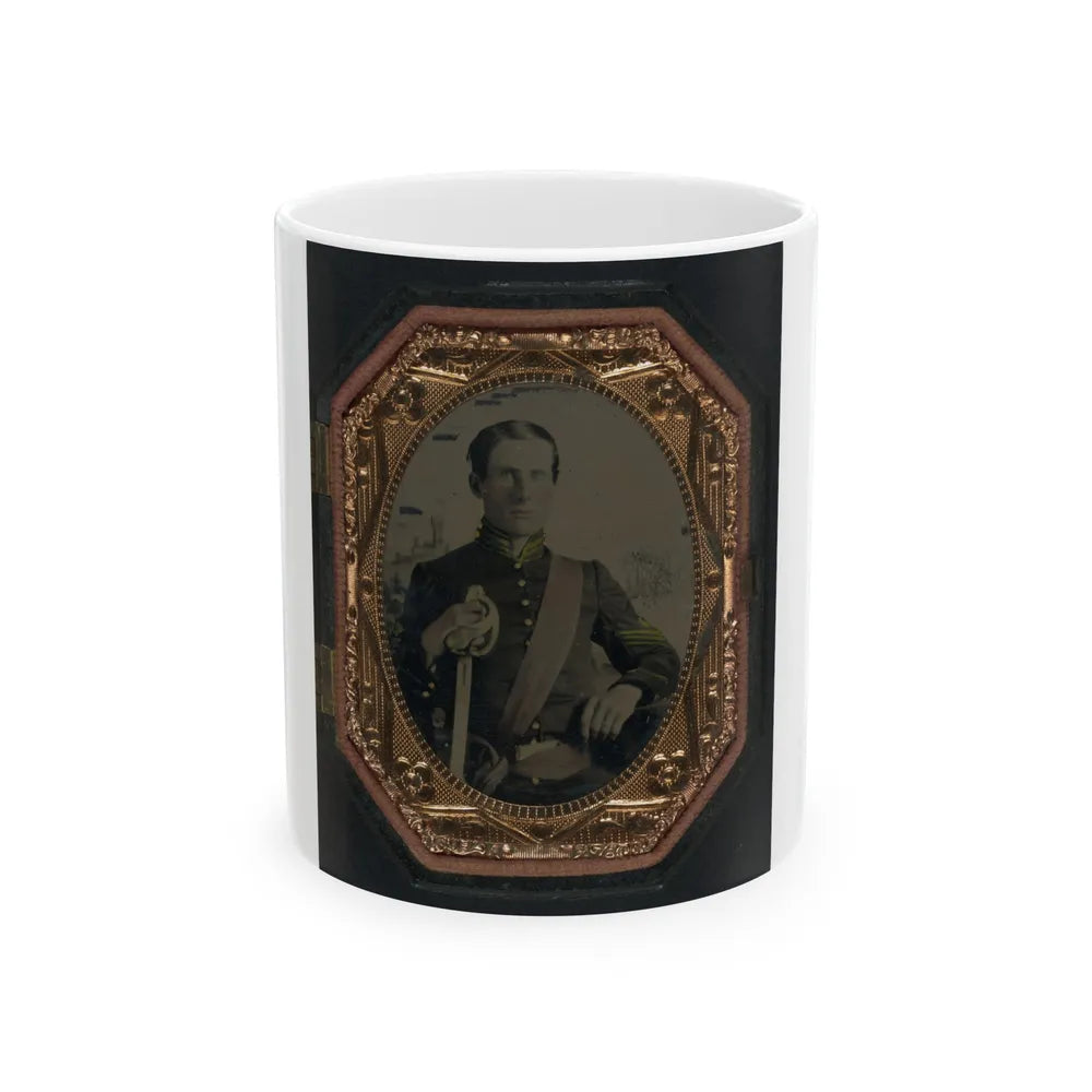 Unidentified Soldier In Union First Sergeant's Uniform With Cavalry Saber In Front Of Painted Backdrop Showing Landscape (U.S. Civil War) White Coffee Mug-11oz-Go Mug Yourself