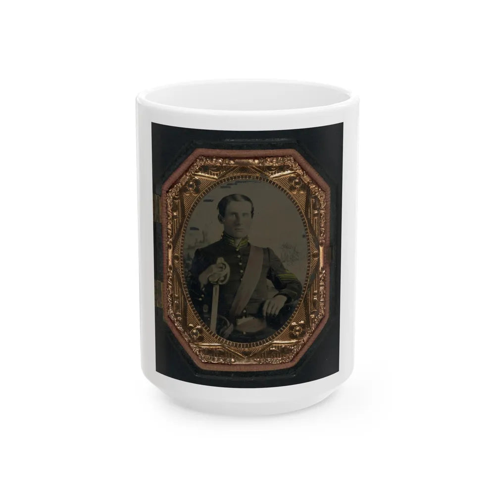 Unidentified Soldier In Union First Sergeant's Uniform With Cavalry Saber In Front Of Painted Backdrop Showing Landscape (U.S. Civil War) White Coffee Mug-15oz-Go Mug Yourself