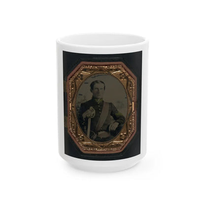 Unidentified Soldier In Union First Sergeant's Uniform With Cavalry Saber In Front Of Painted Backdrop Showing Landscape (U.S. Civil War) White Coffee Mug-15oz-Go Mug Yourself