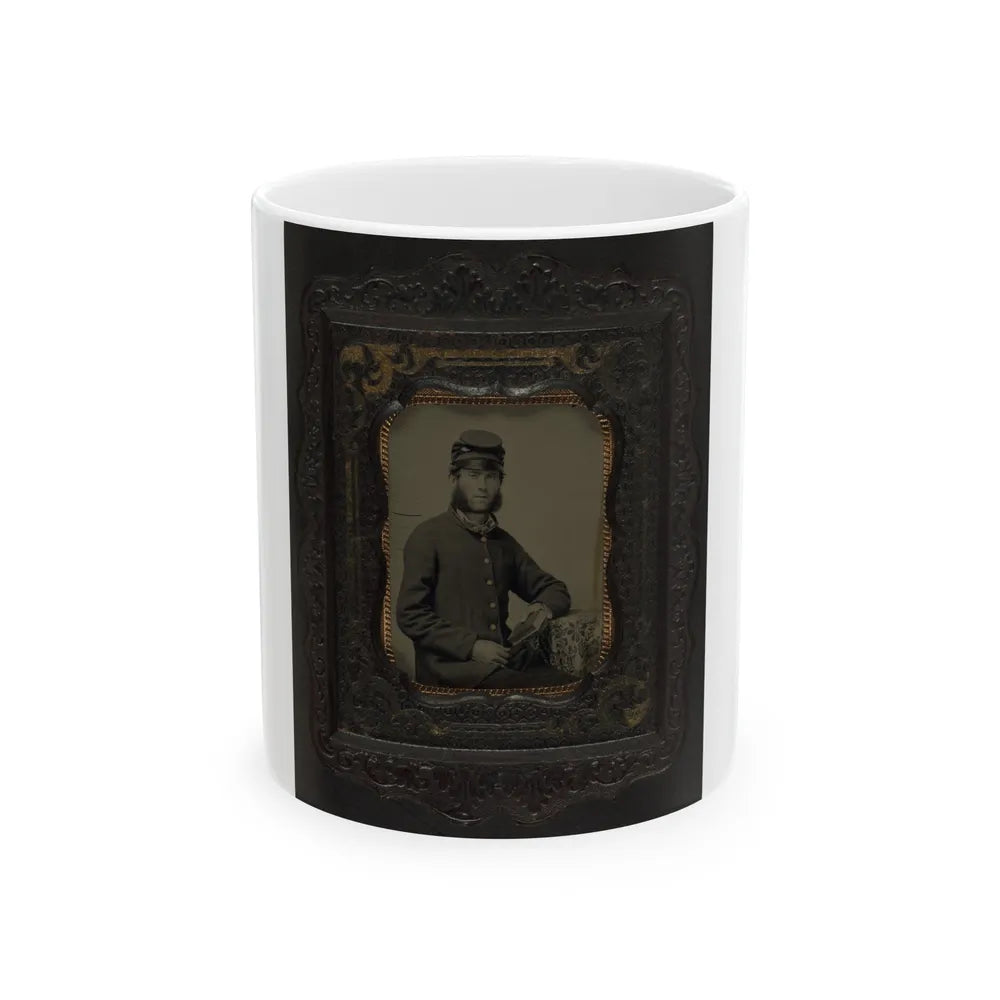 Unidentified Soldier In Union Frock Coat And Forage Cap Holding Book (U.S. Civil War) White Coffee Mug-11oz-Go Mug Yourself