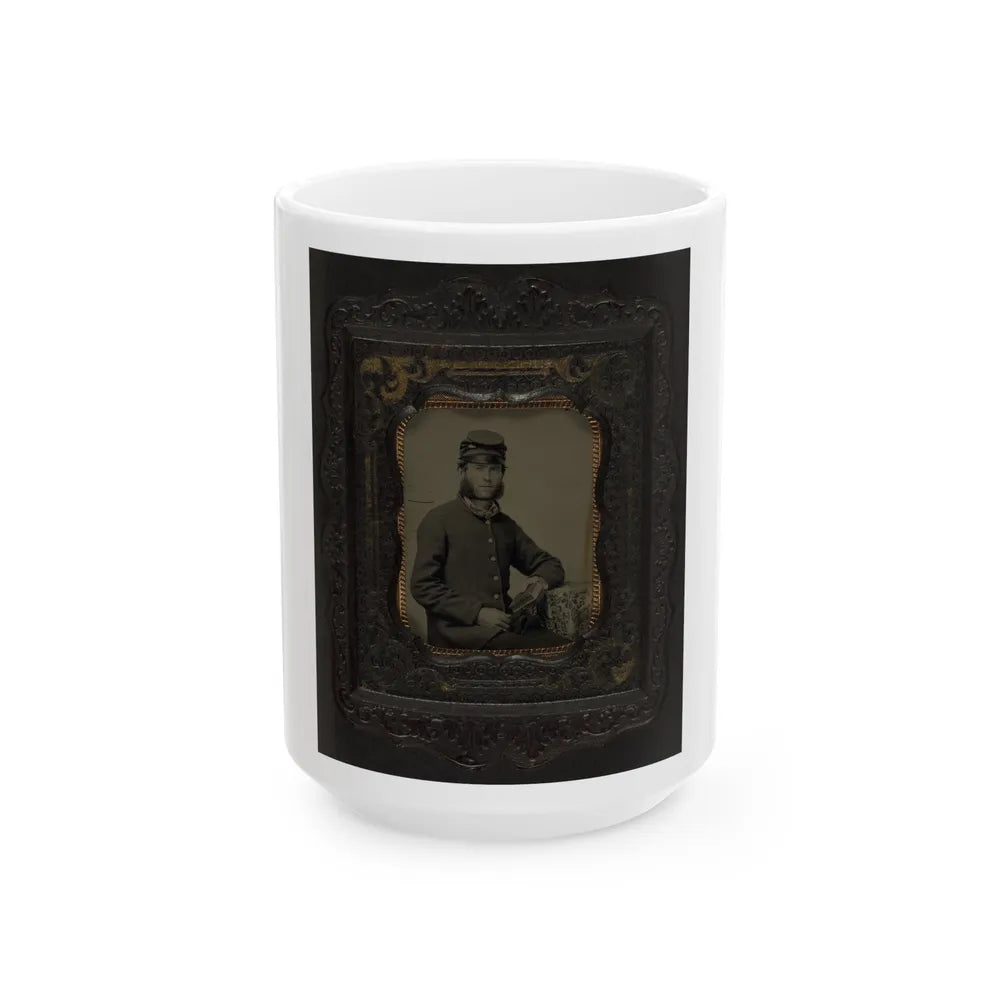 Unidentified Soldier In Union Frock Coat And Forage Cap Holding Book (U.S. Civil War) White Coffee Mug-15oz-Go Mug Yourself